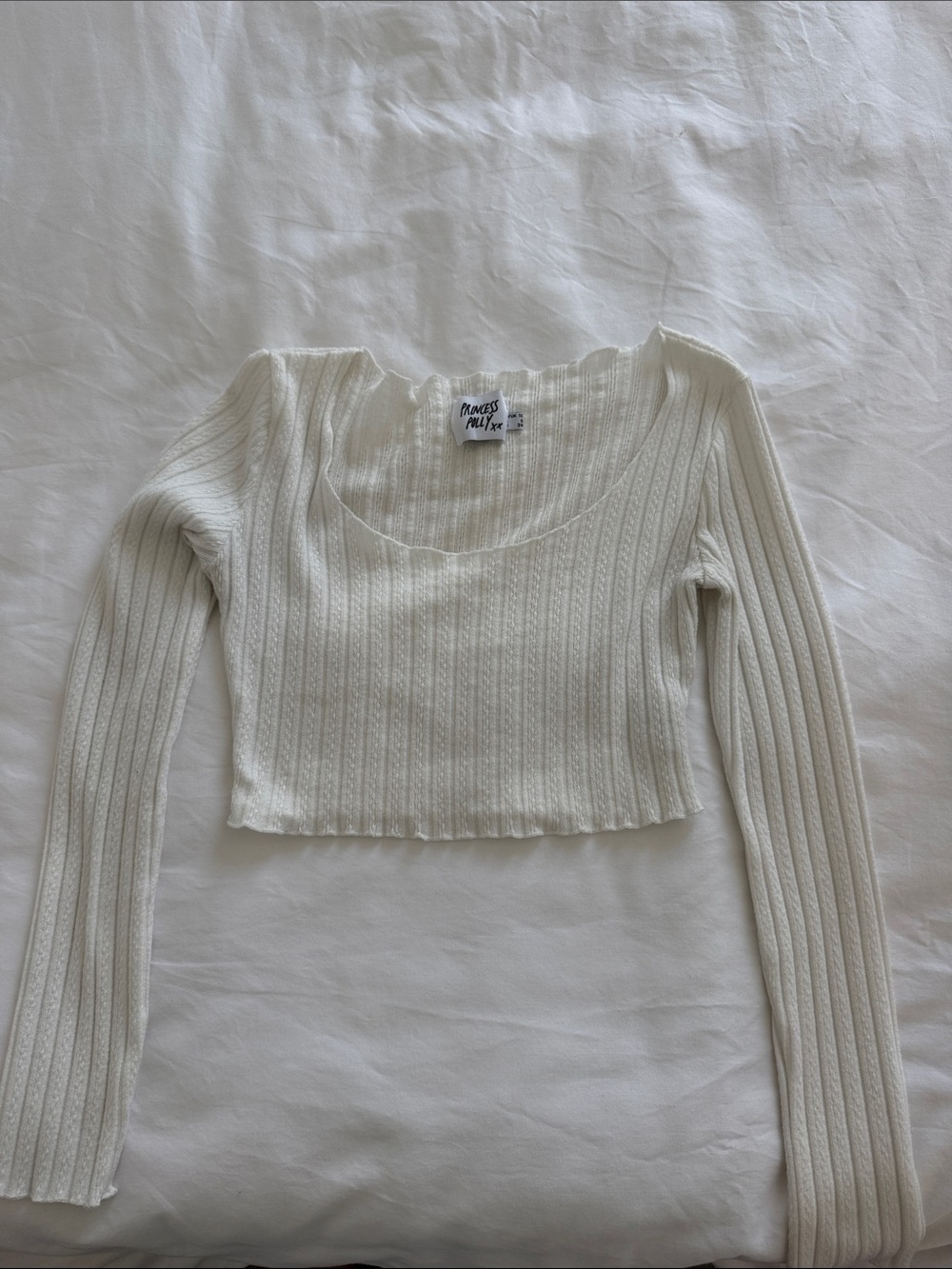 Princess Polly Cream Ribbed Long Sleeve Scoop Crop Top